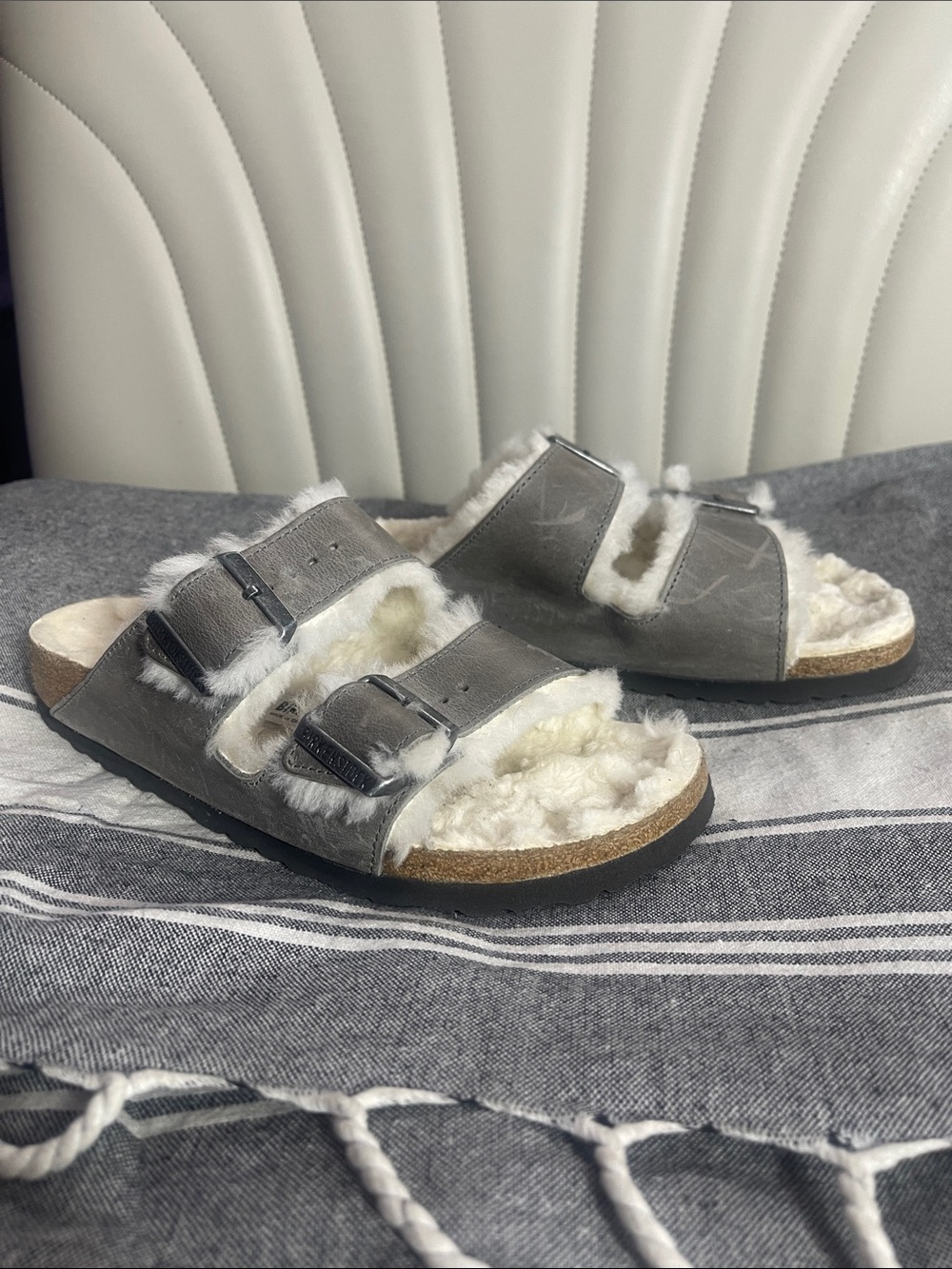Women’s Birkenstock Arizona  Shearling 2 strap sandals size 37 grey